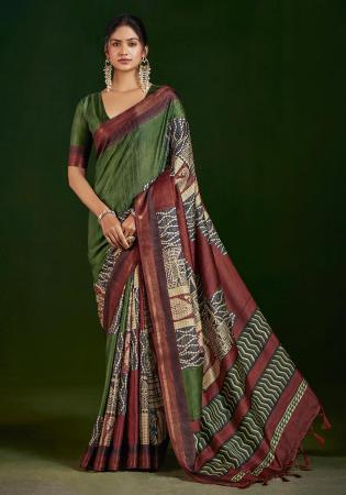 Picture of Ideal Silk Dark Olive Green Saree