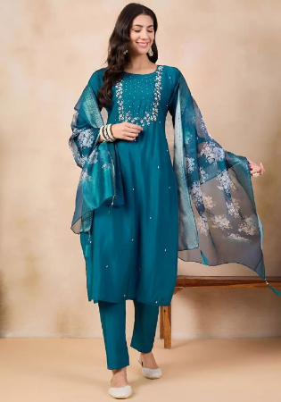 Picture of Amazing Cotton & Silk Teal Readymade Salwar Kameez