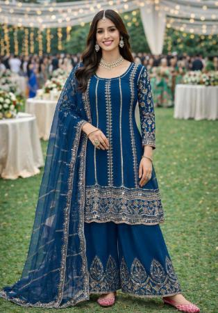 Picture of Sightly Chiffon Navy Blue Straight Cut Salwar Kameez