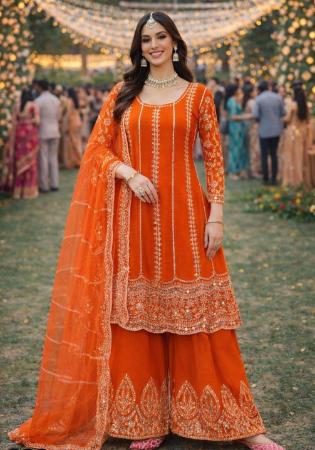 Picture of Chiffon Orange Red Straight Cut Salwar Kameez