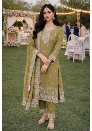 Picture of Chiffon Dark Khaki Straight Cut Salwar Kameez