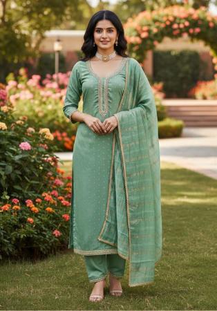 Picture of Chiffon Medium Sea Green Straight Cut Salwar Kameez