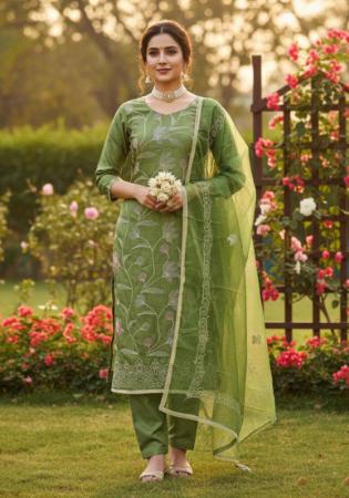 Picture of Cotton Dark Olive Green Straight Cut Salwar Kameez