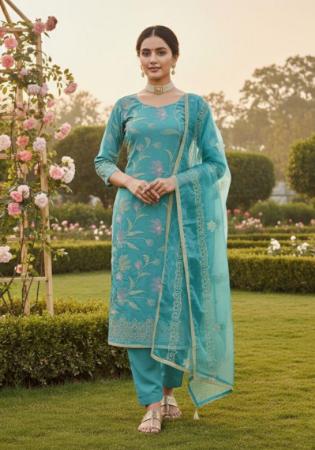 Picture of Exquisite Cotton Steel Blue Straight Cut Salwar Kameez