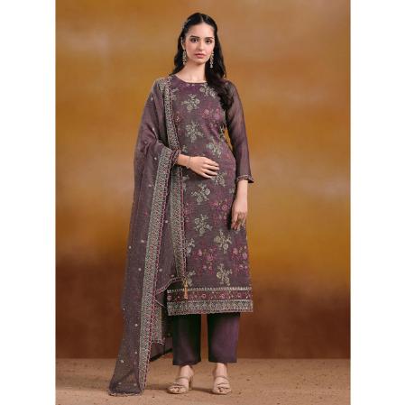 Picture of Pretty Organza Dim Gray Straight Cut Salwar Kameez