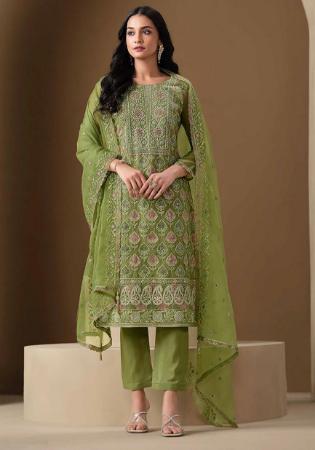 Picture of Chiffon Dark Olive Green Straight Cut Salwar Kameez