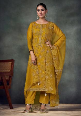 Picture of Chiffon Dark Golden Rod Straight Cut Salwar Kameez
