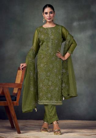 Picture of Chiffon Dark Olive Green Straight Cut Salwar Kameez