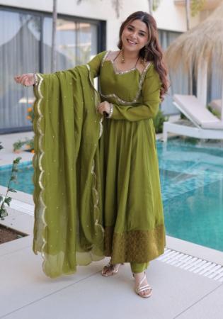 Picture of Silk Dark Olive Green Readymade Salwar Kameez