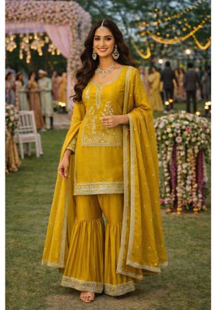 Picture of Georgette Dark Golden Rod Straight Cut Salwar Kameez