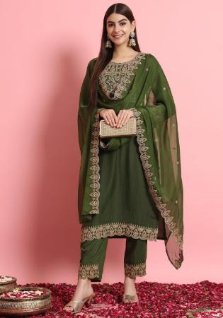 Picture of Silk Dark Olive Green Readymade Salwar Kameez
