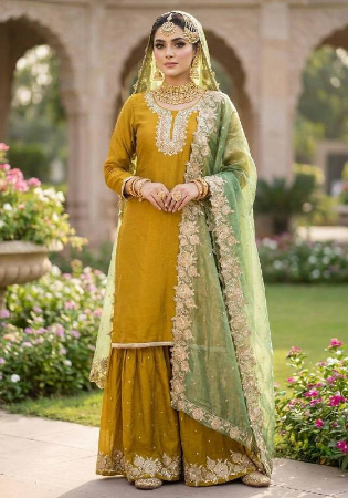 Picture of Shapely Silk Dark Golden Rod Readymade Salwar Kameez