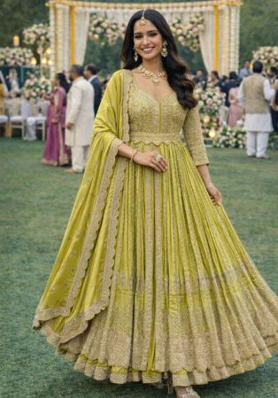 Picture of Chiffon Dark Khaki Straight Cut Salwar Kameez