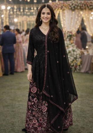 Picture of Shapely Chiffon Black Straight Cut Salwar Kameez