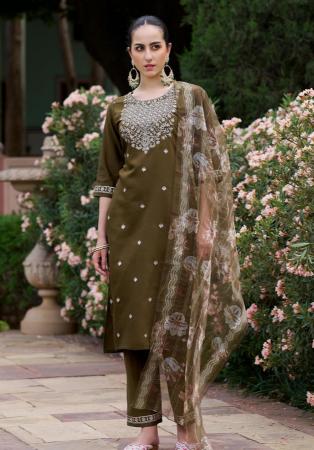 Picture of Silk Dark Olive Green Readymade Salwar Kameez