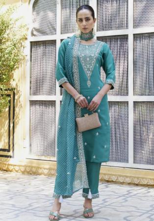 Picture of Beautiful Silk Dark Cyan Readymade Salwar Kameez