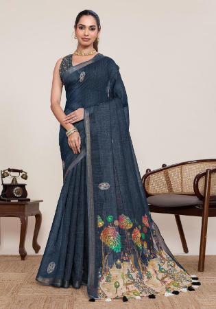 Picture of Charming Linen & Silk Dark Slate Grey Saree