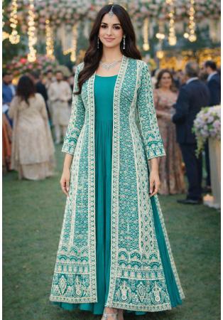 Picture of Excellent Chiffon & Silk Teal Readymade Gown