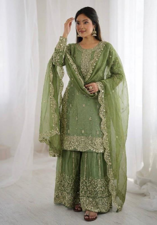 Picture of Silk Dark Olive Green Readymade Salwar Kameez