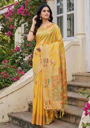 Picture of Good Looking Cotton & Linen Golden Rod Saree