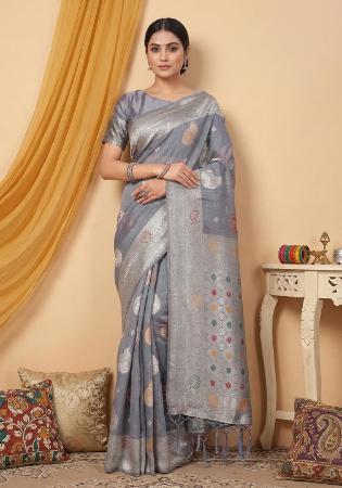 Picture of Exquisite Cotton & Linen Light Slate Grey Saree